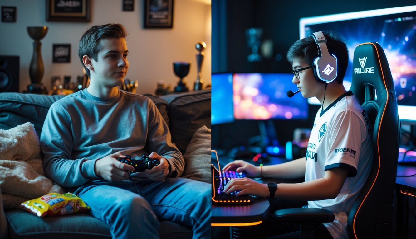 Dua orang yang bermain game, satu santai di ruang tamu dan satu lagi serius di studio esports profesional.