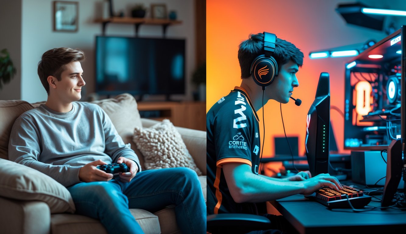 Dua pria sedang bermain game, satu santai di ruang tamu dan satu lagi serius di studio esports profesional.