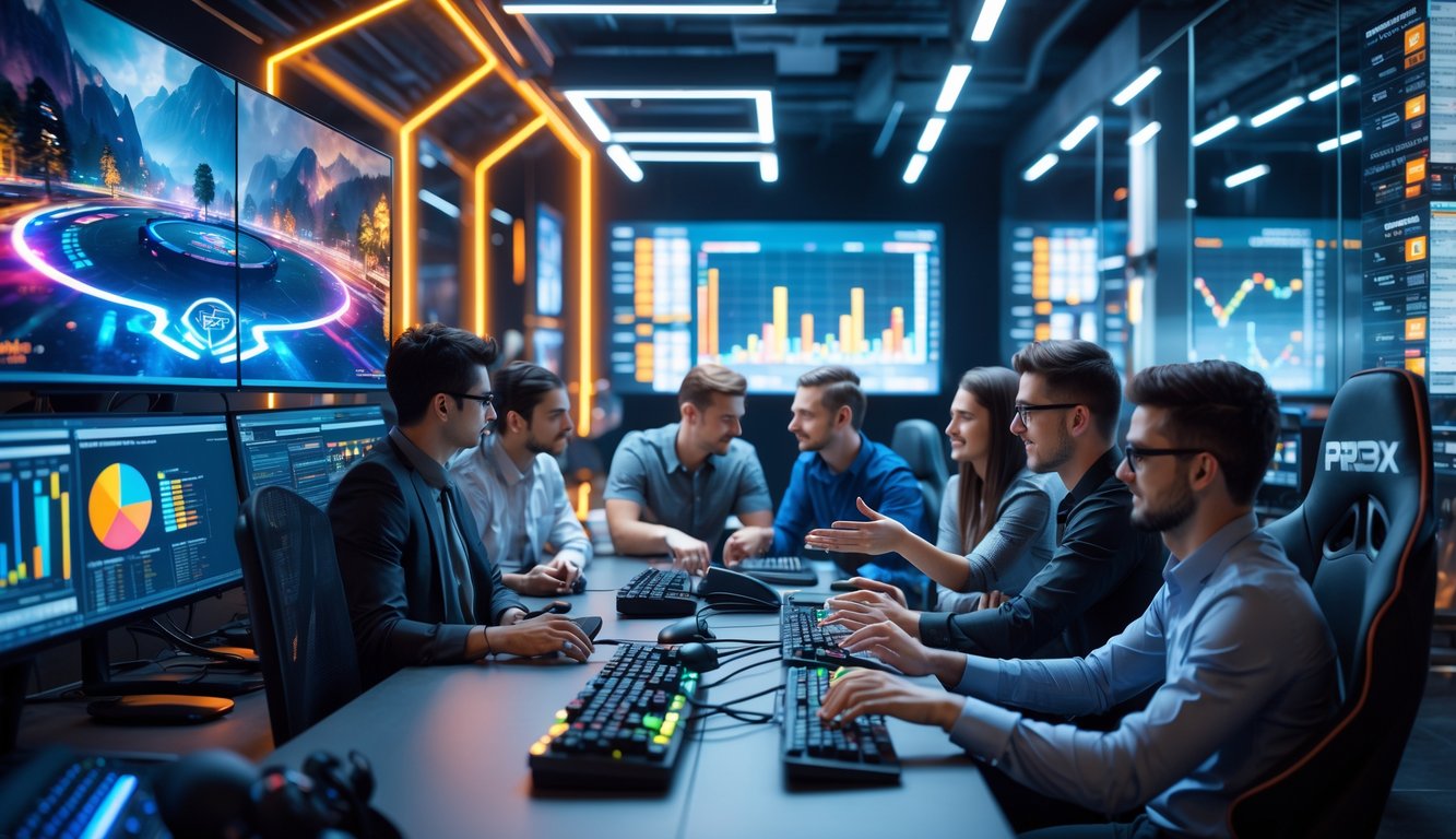 Sekelompok profesional muda sedang bekerja sama di kantor modern dengan monitor besar menampilkan permainan esports dan data, suasana penuh teknologi dan peralatan gaming.