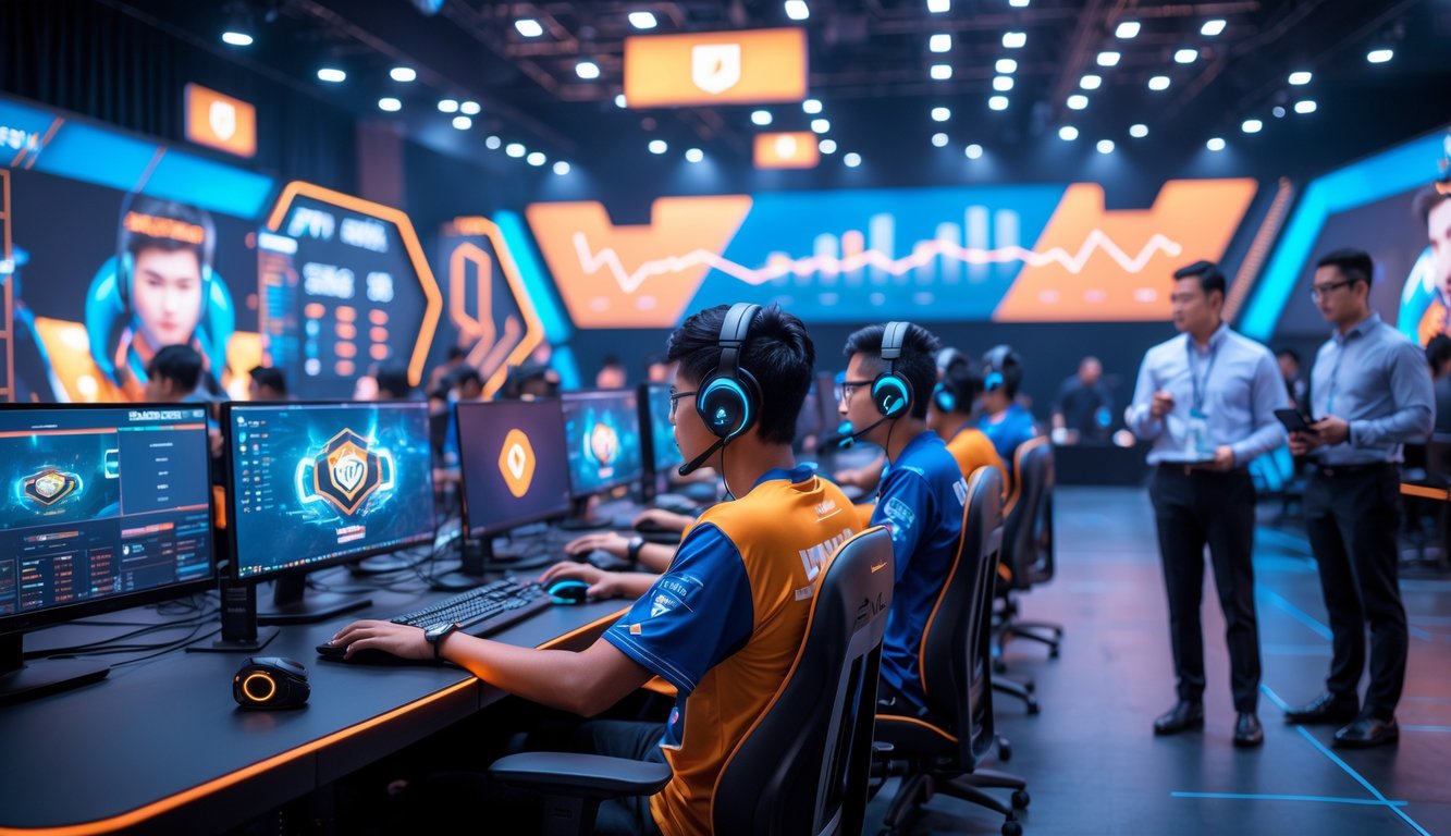 Seorang kelompok pemain esports muda sedang bermain di arena dengan layar besar dan profesional yang menampilkan permainan dan grafik pertumbuhan bisnis, sementara beberapa orang berdiskusi dengan laptop di ruangan modern.
