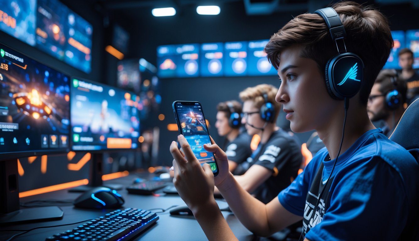 Seorang pemain muda fokus memegang ponsel sambil bermain game mobile esports dalam ruangan gaming dengan pencahayaan modern dan beberapa orang di latar belakang yang sedang berdiskusi.