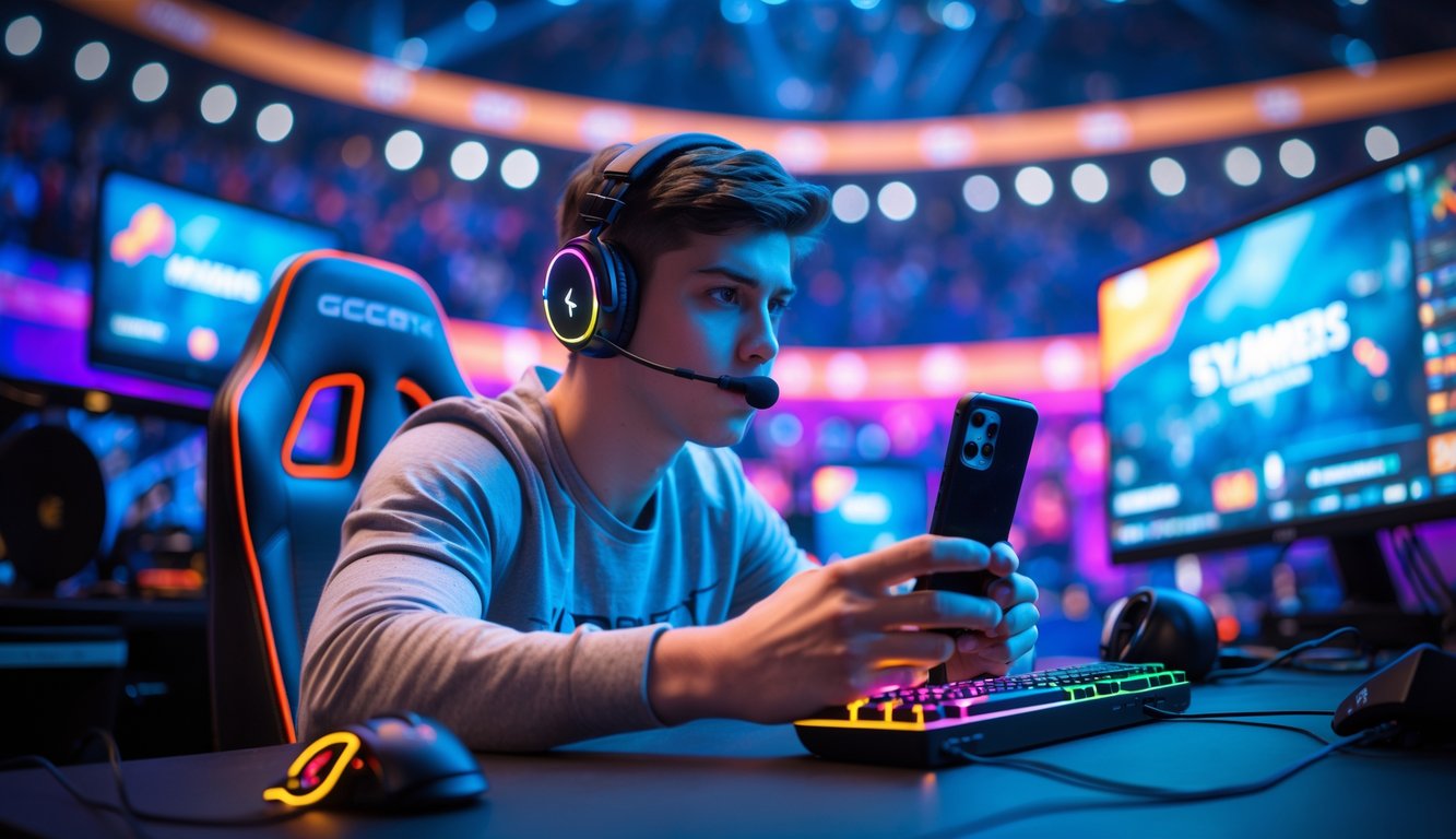 Seorang pemain muda fokus bermain game esports mobile dengan ponsel di meja gaming yang dilengkapi lampu warna-warni dan aksesori game.