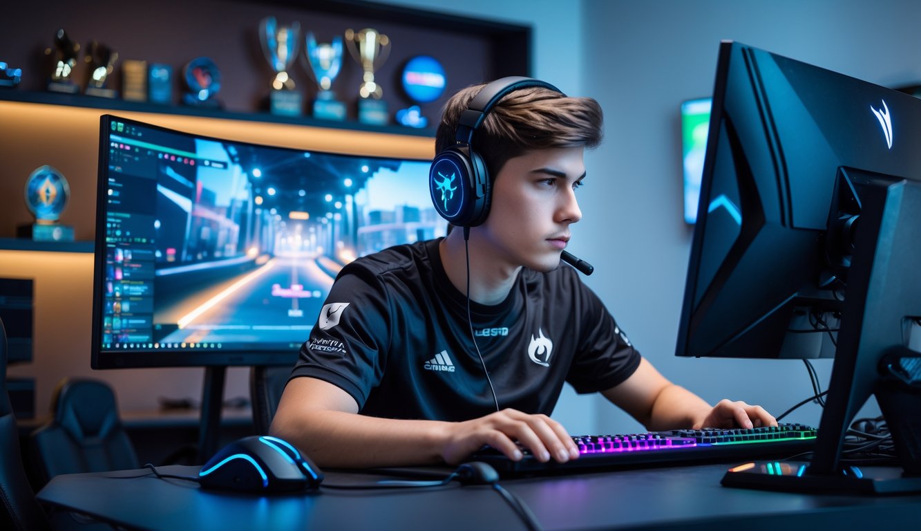 Seorang pemain muda sedang fokus bermain game di meja gaming dengan headset dan peralatan esports di ruangan modern.