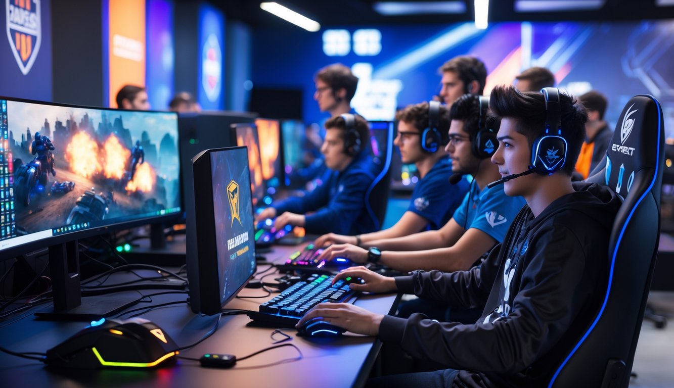 Sekelompok orang muda sedang bermain game esports secara serius di ruangan gaming modern dengan komputer dan peralatan gaming.