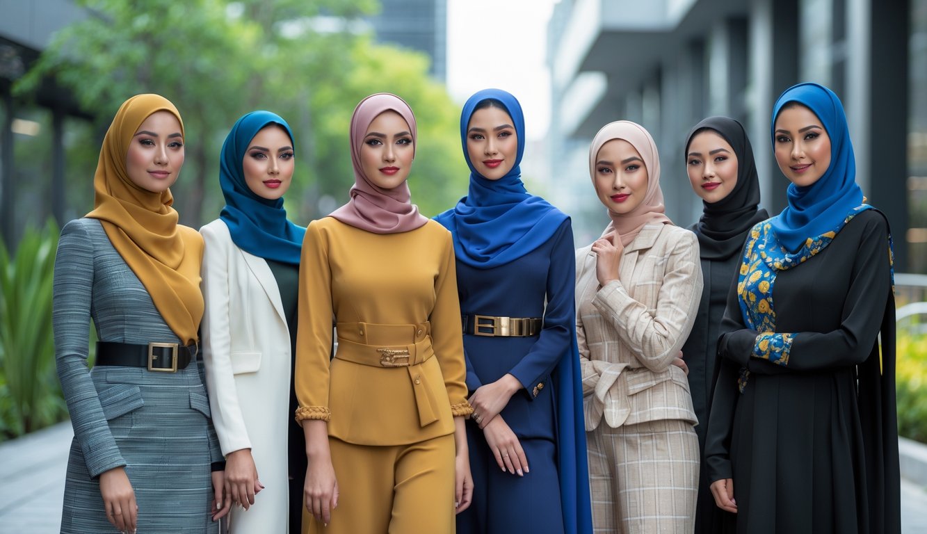 Sekelompok wanita berhijab sedang berdiri di lingkungan perkotaan dengan pakaian modis dan warna-warna cerah.