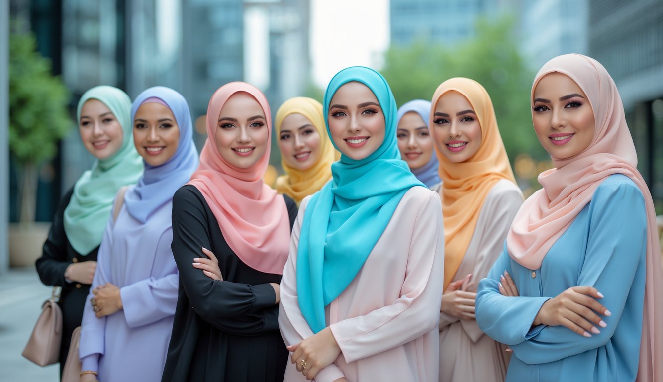 Sekelompok wanita mengenakan hijab dengan pakaian modis berwarna-warni sedang berdiri bersama di latar kota modern.