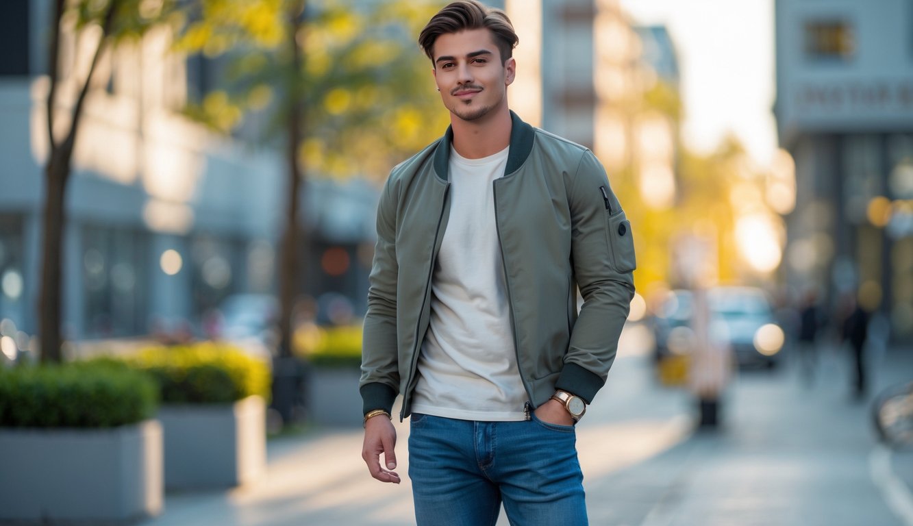 Seorang pria muda berdiri di luar ruangan dengan pakaian kasual yang modis di latar kota.