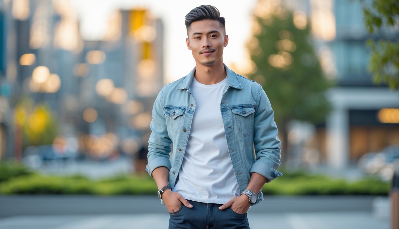 Seorang pria muda berdiri di luar ruangan dengan pakaian kasual yang rapi, latar belakang kota dan pepohonan.