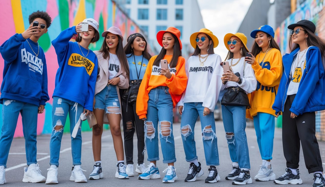 Sekelompok remaja mengenakan pakaian trendi sedang berpose dan berinteraksi di lingkungan perkotaan dengan latar belakang grafiti warna-warni.