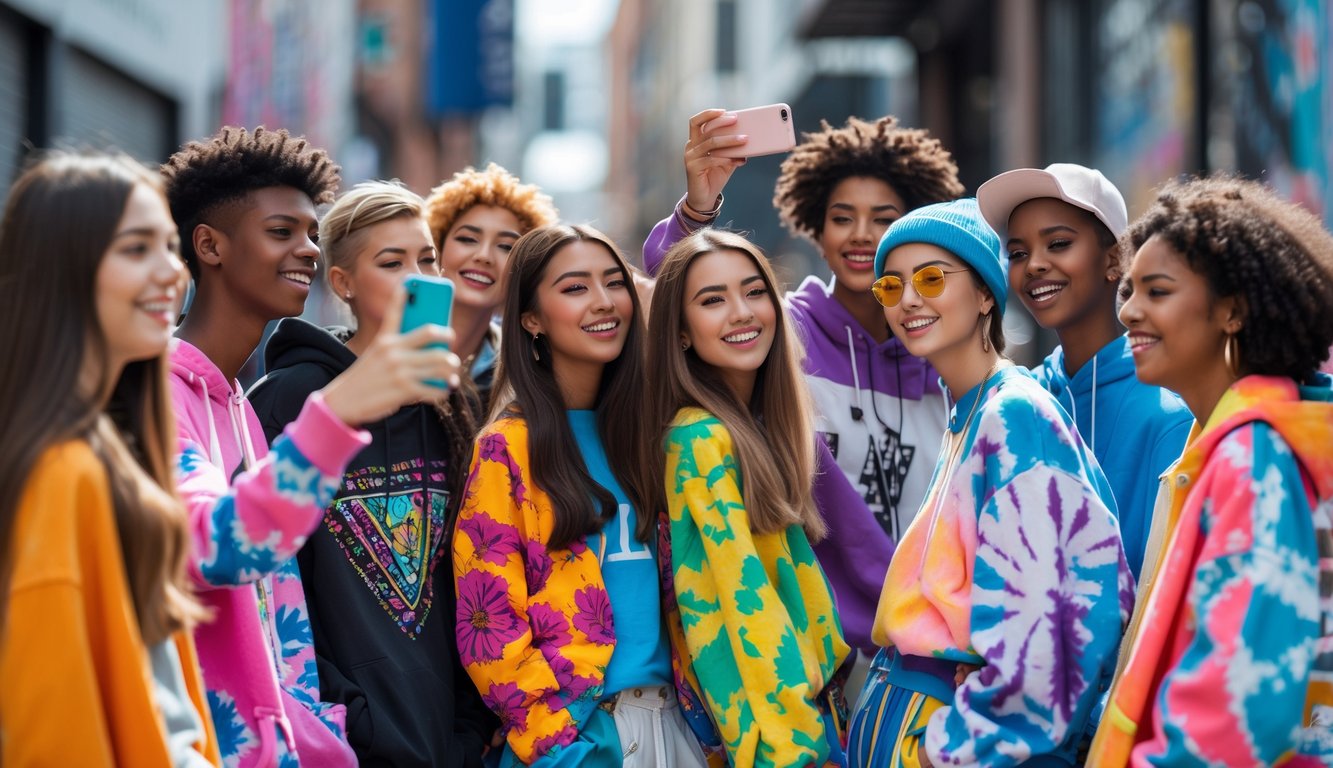 Sekelompok remaja mengenakan pakaian modis dengan motif warna-warni sedang berinteraksi di lingkungan kota.