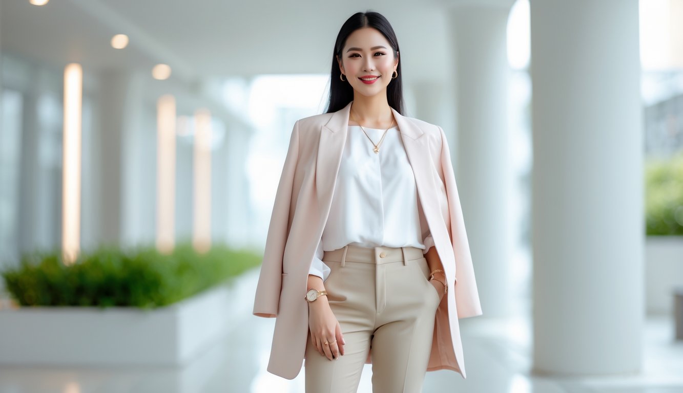 Seorang wanita muda berdiri di luar ruangan mengenakan pakaian elegan dan simpel dengan latar belakang gedung modern dan tanaman hijau.