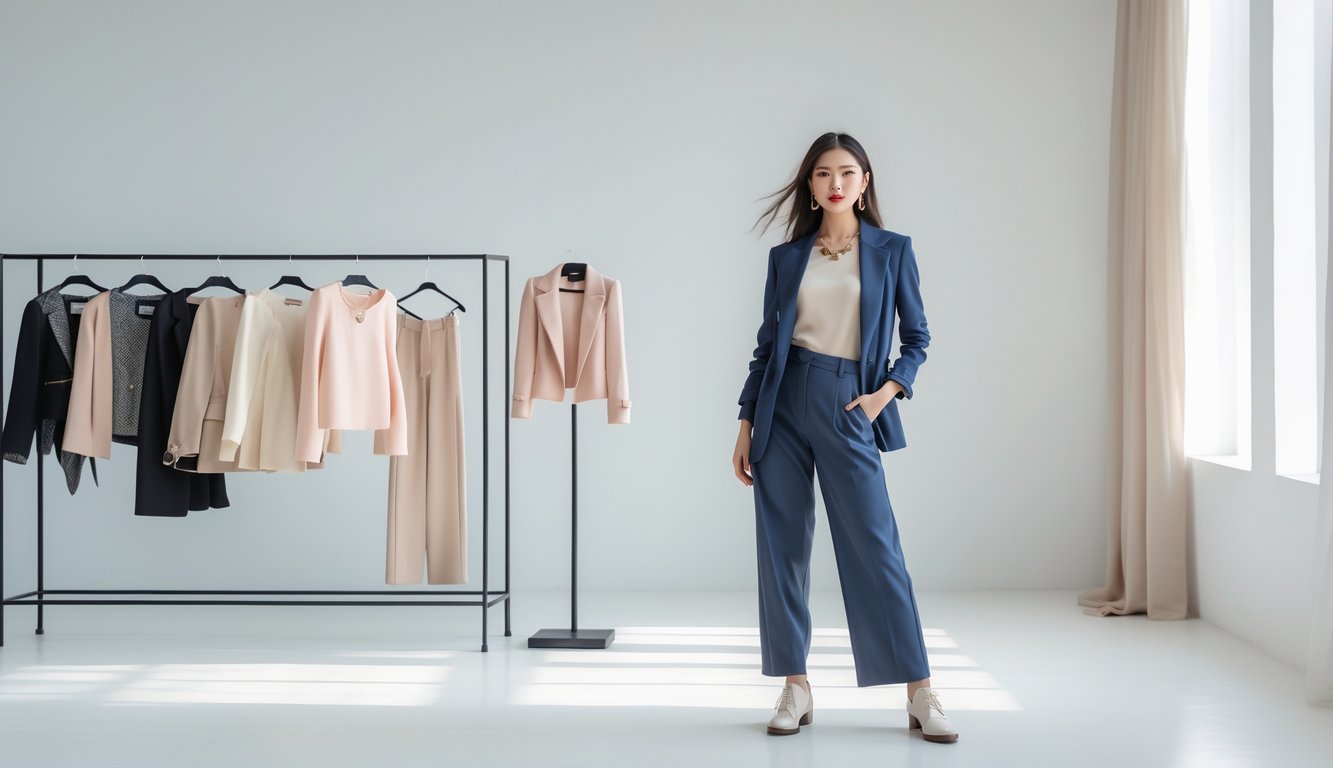 Seorang wanita berdiri di studio dengan pakaian yang dipadupadankan secara modis, dikelilingi oleh pakaian di rak, menunjukkan gaya busana yang elegan dan sederhana.