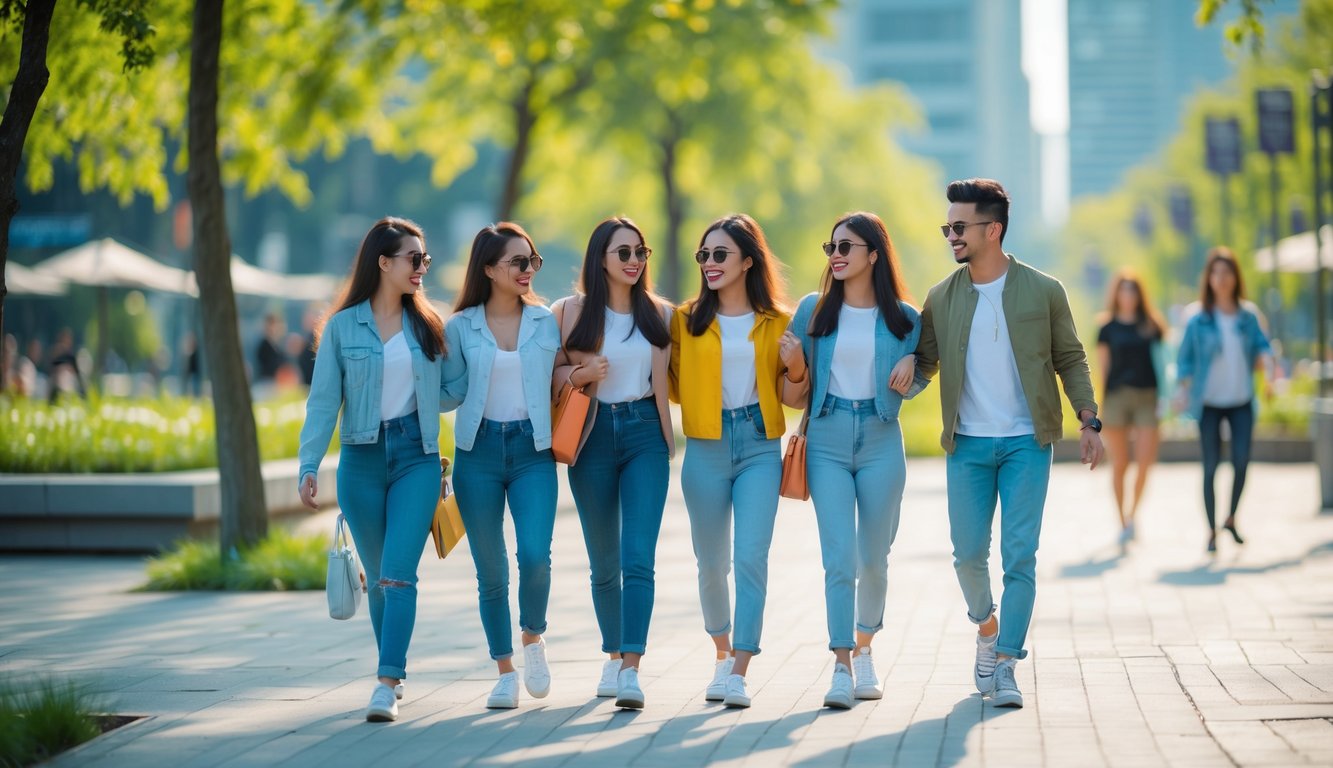 Sekelompok orang muda sedang berjalan santai dan bersosialisasi di taman kota dengan pakaian kasual yang modis.