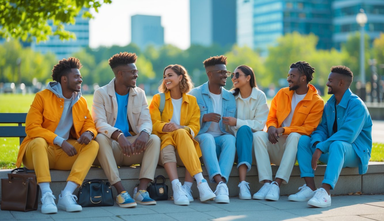Sekelompok orang muda sedang bersantai di taman kota dengan pakaian kasual berwarna-warni yang modis.