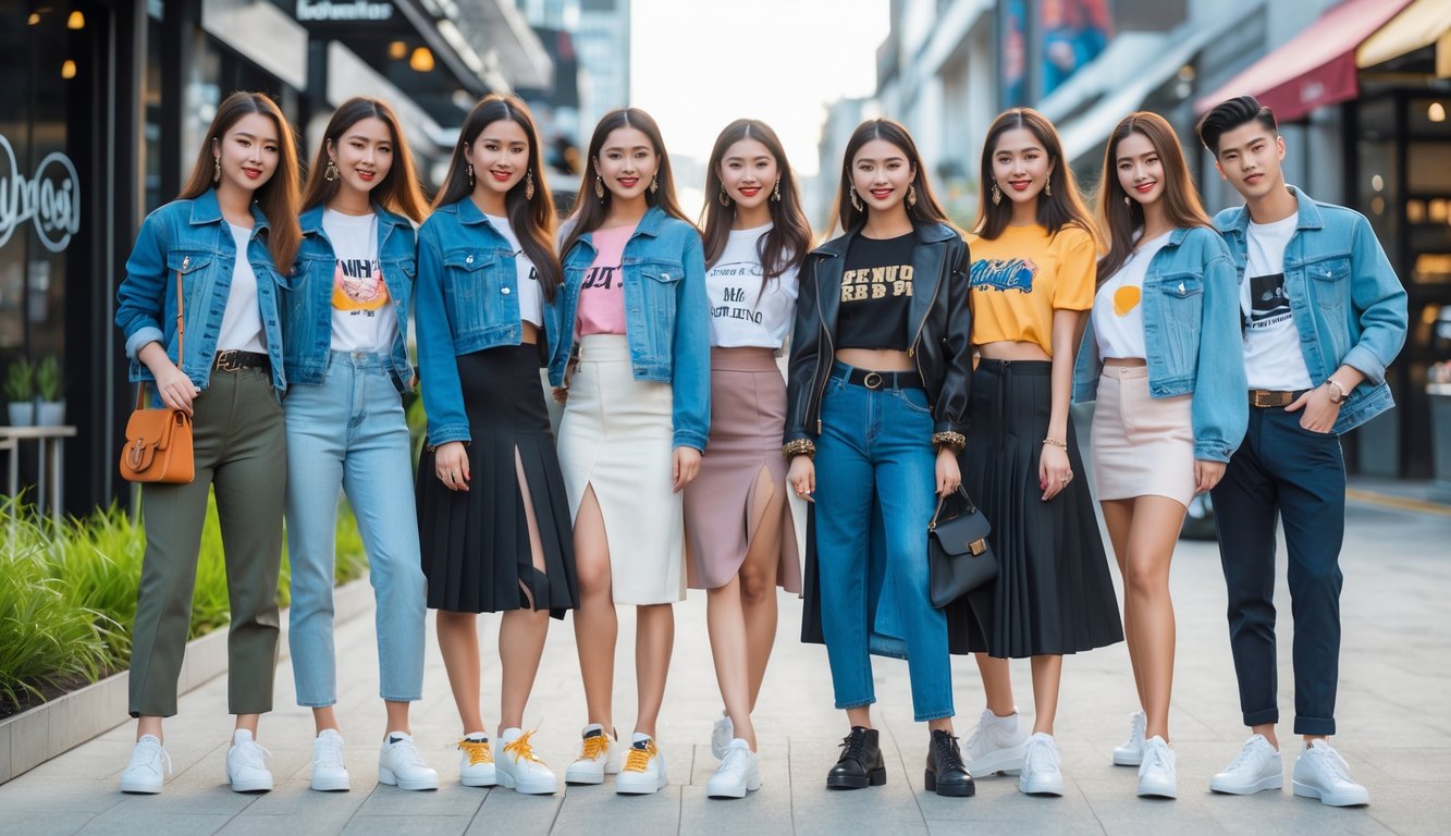 Sekelompok orang muda bergaya berdiri di luar di area perkotaan dengan pakaian modis dan latar belakang kafe dan seni jalanan.