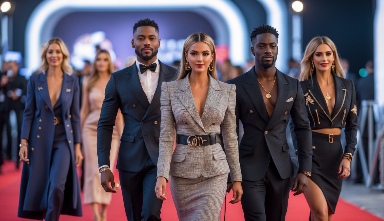 Sejumlah selebriti berjalan dan berpose di karpet merah dengan pakaian modis yang terjangkau, dikelilingi oleh lampu dan latar belakang elegan.