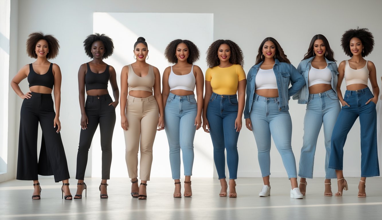 Sekelompok orang dengan berbagai bentuk tubuh mengenakan pakaian modis dan tersenyum percaya diri di studio yang terang.