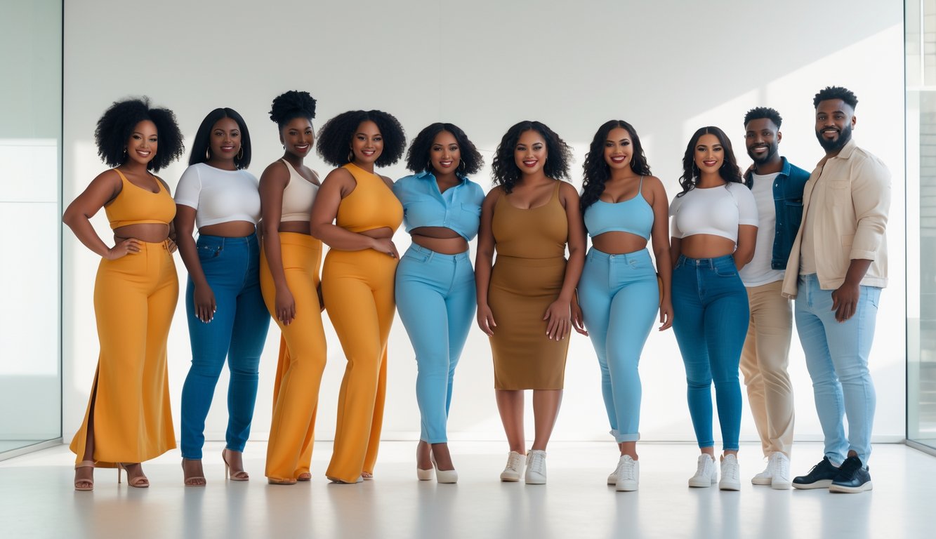 Sekelompok pria dan wanita dengan berbagai bentuk tubuh mengenakan pakaian modis dan tersenyum di sebuah studio terang.