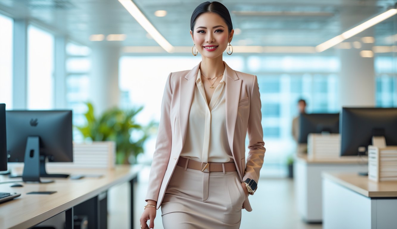 Seorang wanita profesional di kantor modern mengenakan pakaian kantor yang modis dan trendi, berdiri dengan percaya diri di ruang kerja yang terang dan rapi.