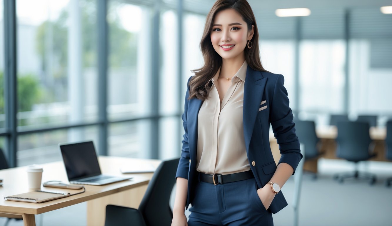 Seorang wanita profesional mengenakan busana kerja modis sedang berada di kantor modern dengan pencahayaan alami.