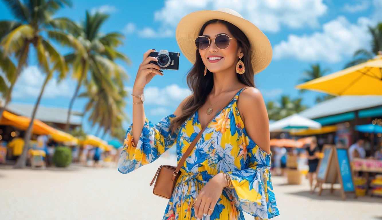Seorang wanita muda berdiri di luar ruangan dengan latar belakang pantai dan pohon palem, mengenakan pakaian liburan yang modis dan tersenyum sambil memegang kamera.