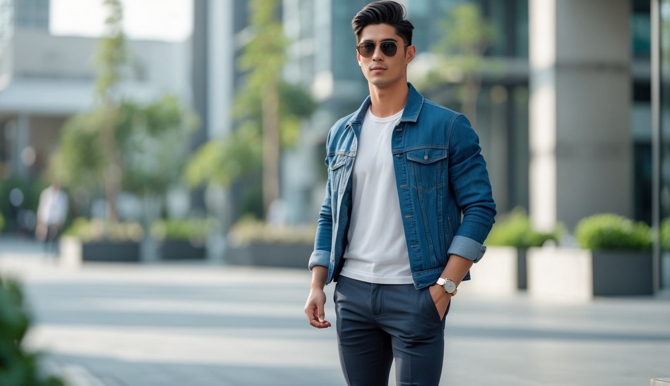 Seorang pria muda berdiri di luar ruangan dengan pakaian kasual yang modis, mengenakan jaket denim, kaos putih, celana chino, dan sepatu putih, dengan latar belakang perkotaan dan tanaman hijau.