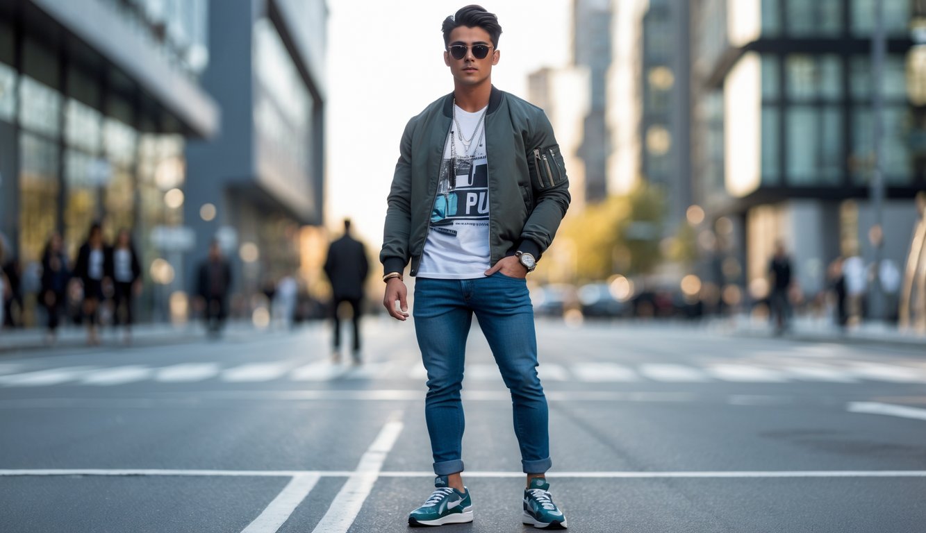 Seorang pria muda berdiri di jalan kota dengan latar belakang gedung modern, mengenakan pakaian kasual dan sepatu sneakers.