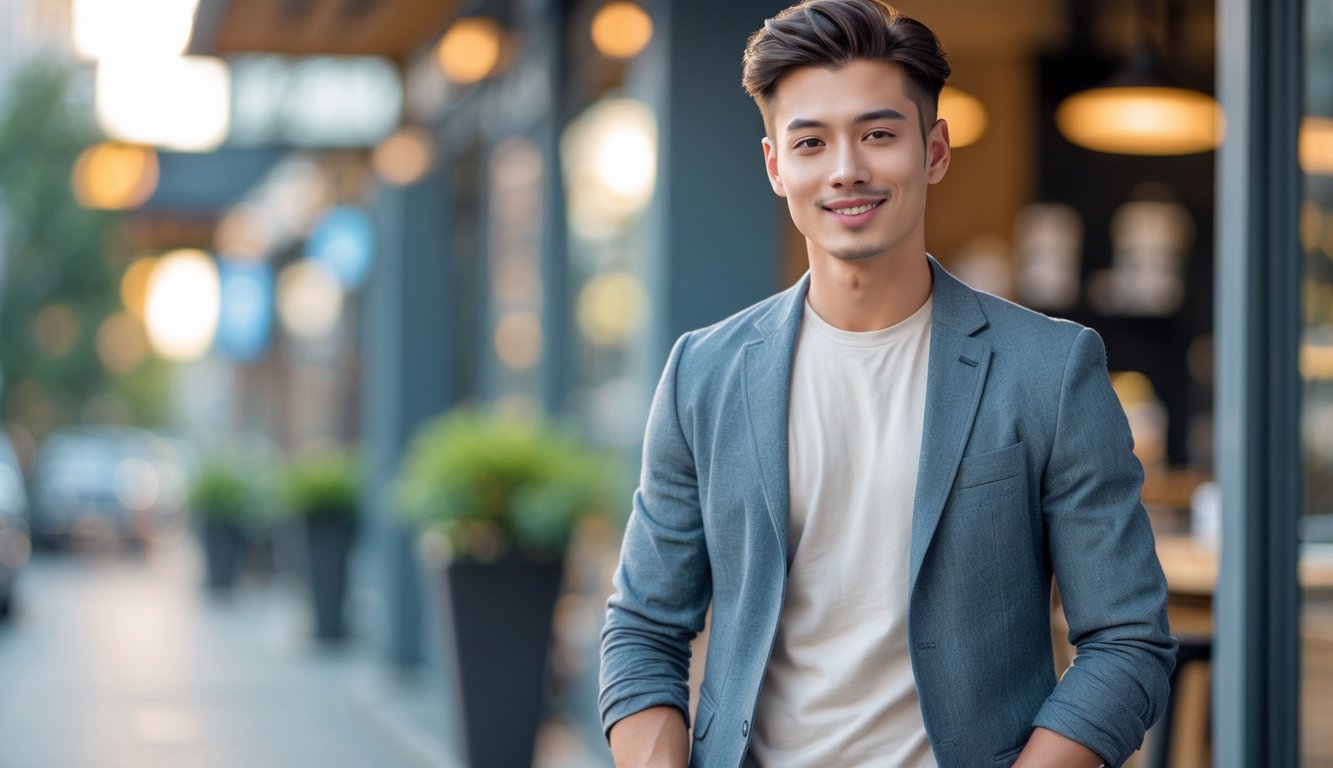 Seorang pria muda berdiri di luar ruangan dengan pakaian kasual yang rapi, tersenyum dengan latar belakang kafe modern.