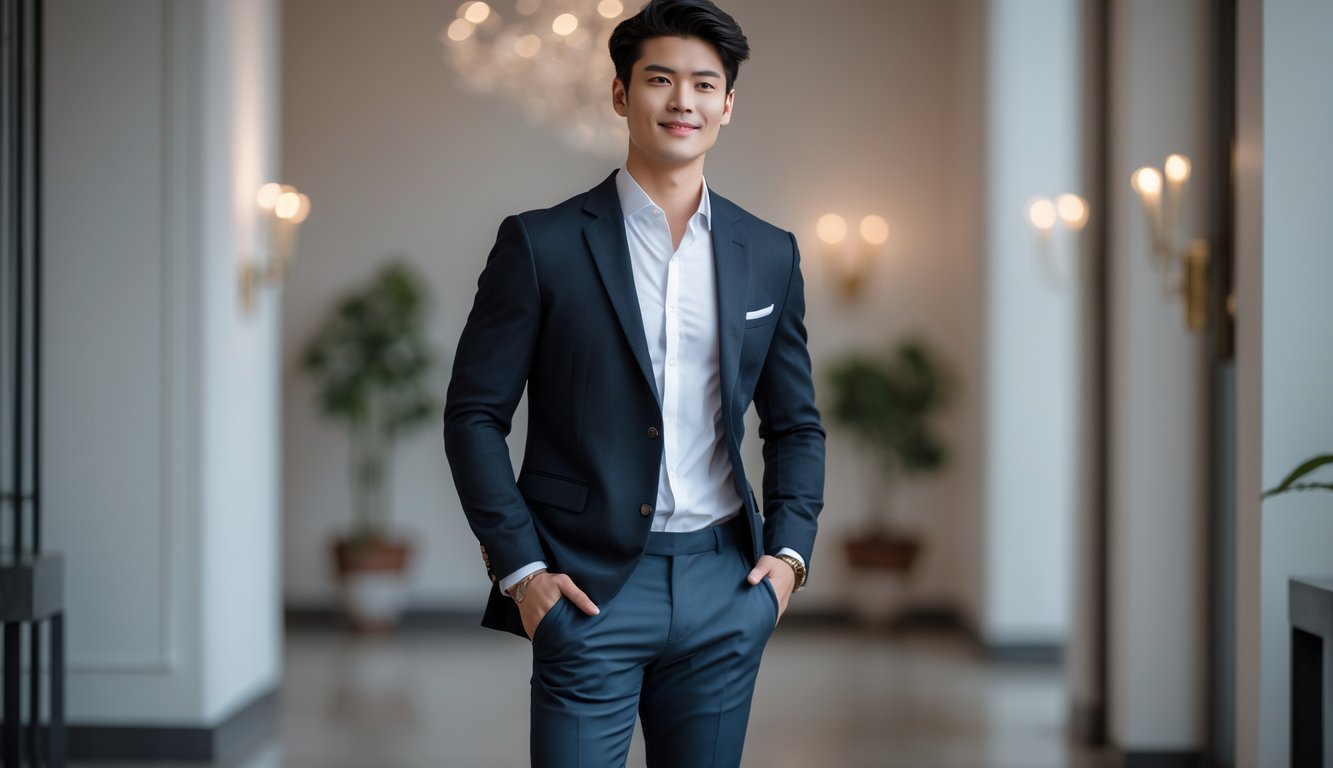 Seorang pria muda berdiri di dalam ruangan dengan pakaian formal dan semi formal, mengenakan blazer gelap dan kemeja putih, tersenyum ringan dengan latar belakang ruangan yang elegan.