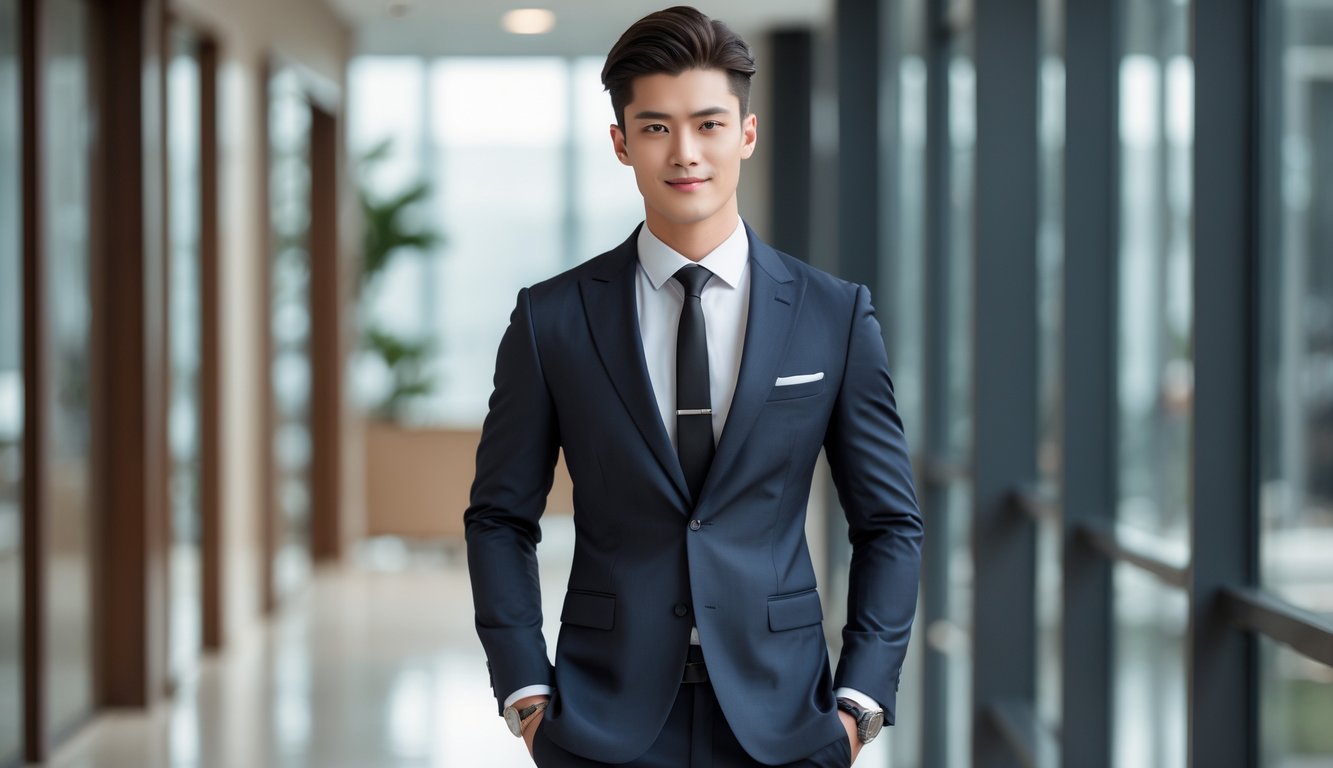 Seorang pria muda berdiri mengenakan setelan jas gelap di dalam ruangan dengan pencahayaan alami.