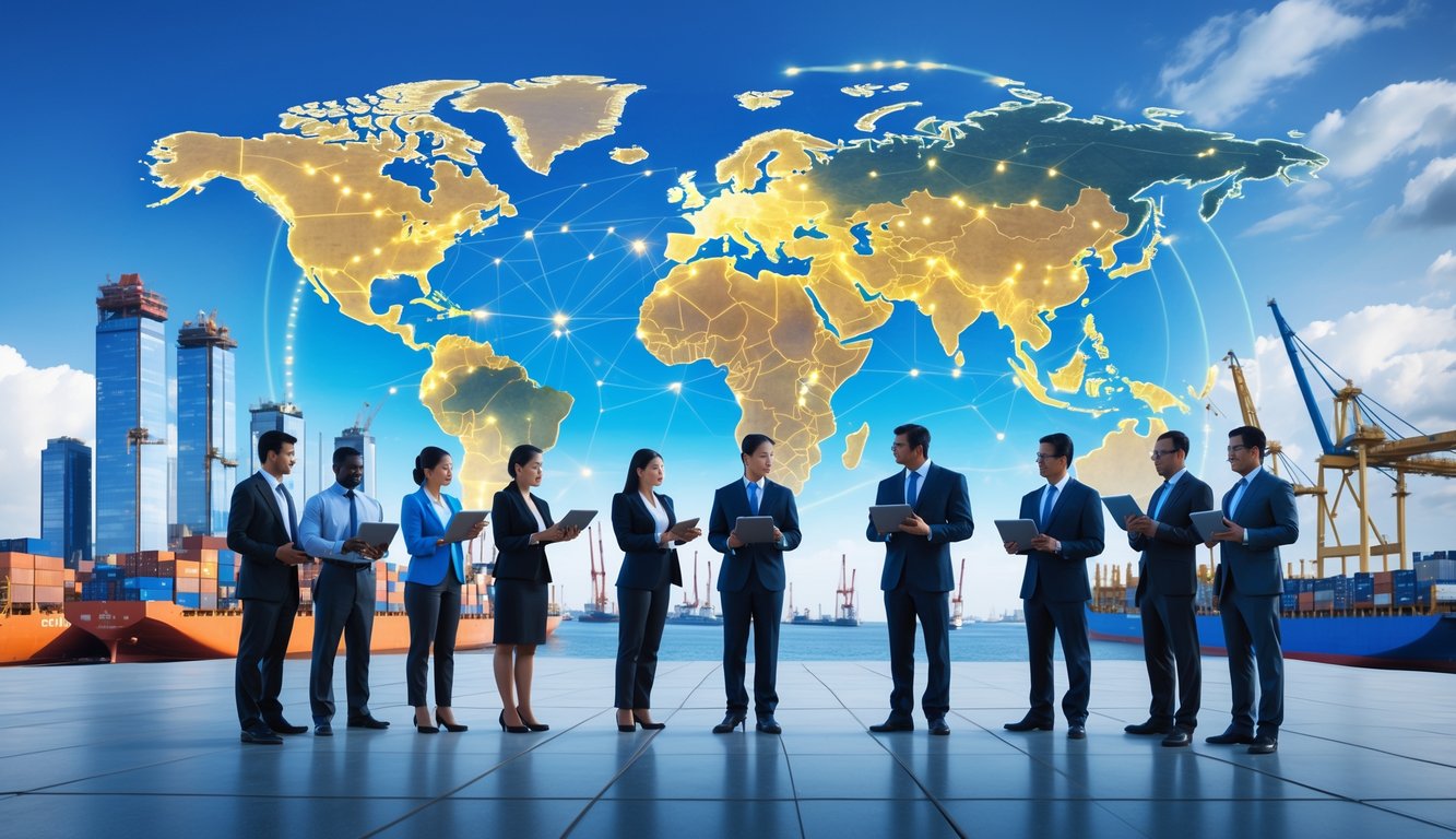 Sekelompok profesional bisnis beragam berdiskusi di depan pemandangan kota modern dengan gedung pencakar langit, pelabuhan sibuk, dan peta dunia digital yang menunjukkan koneksi ekonomi global.