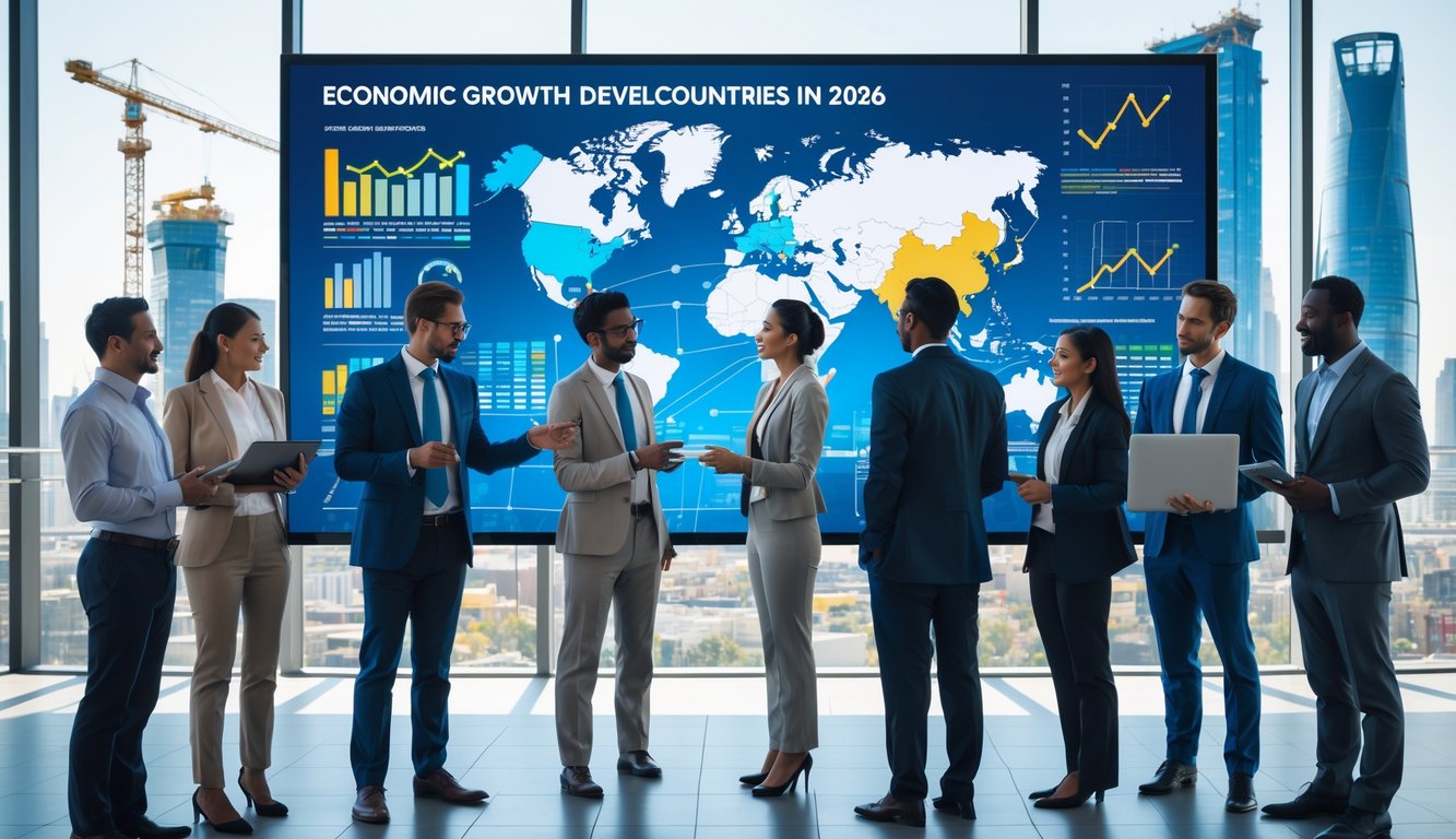 Sekelompok profesional bisnis dan ekonom berdiskusi di depan layar digital besar yang menampilkan grafik dan peta dunia dengan latar kota modern dan konstruksi.