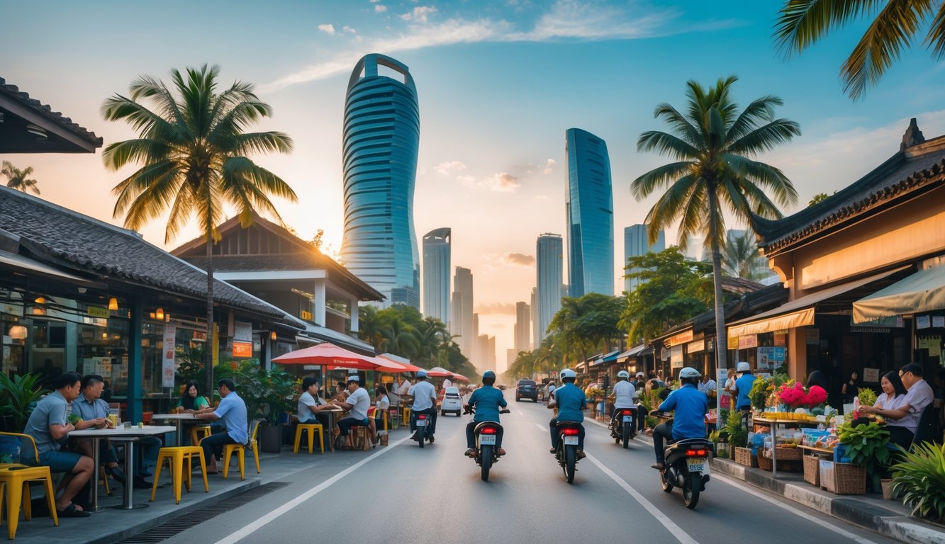 Pemandangan kota di Asia Tenggara dengan gedung modern, aktivitas orang-orang di jalan, dan pohon-pohon hijau di sekitar.