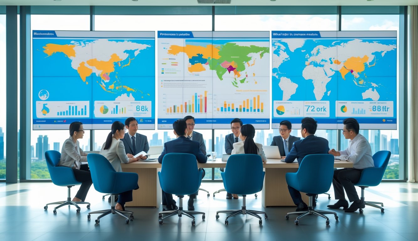 Sekelompok profesional bisnis sedang berdiskusi di ruang konferensi modern dengan layar digital yang menampilkan grafik ekonomi dan peta negara-negara Asia Tenggara.