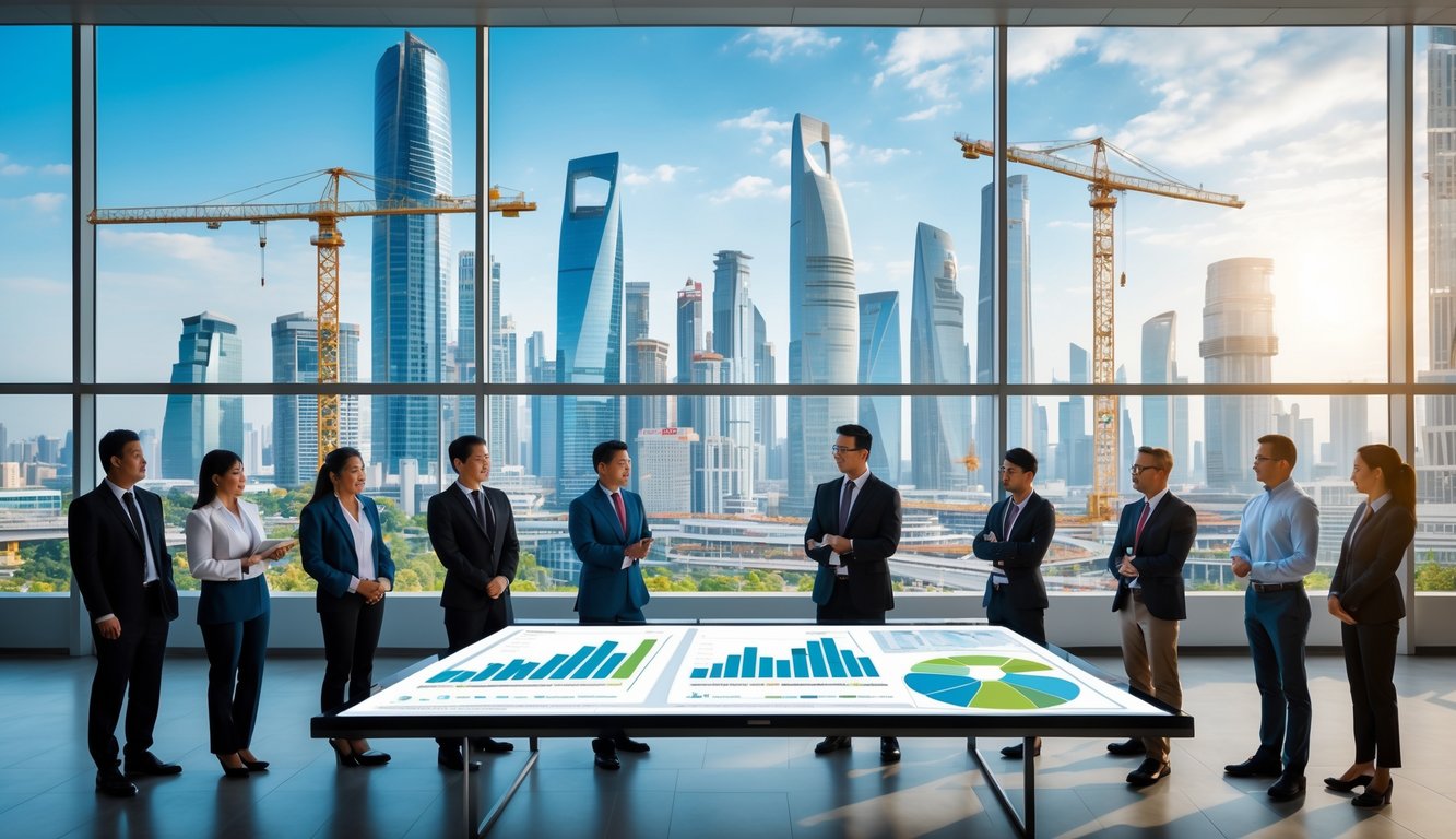 Sekelompok profesional sedang menganalisis grafik dan peta infrastruktur di kantor modern dengan latar belakang kota berkembang yang sedang dibangun.