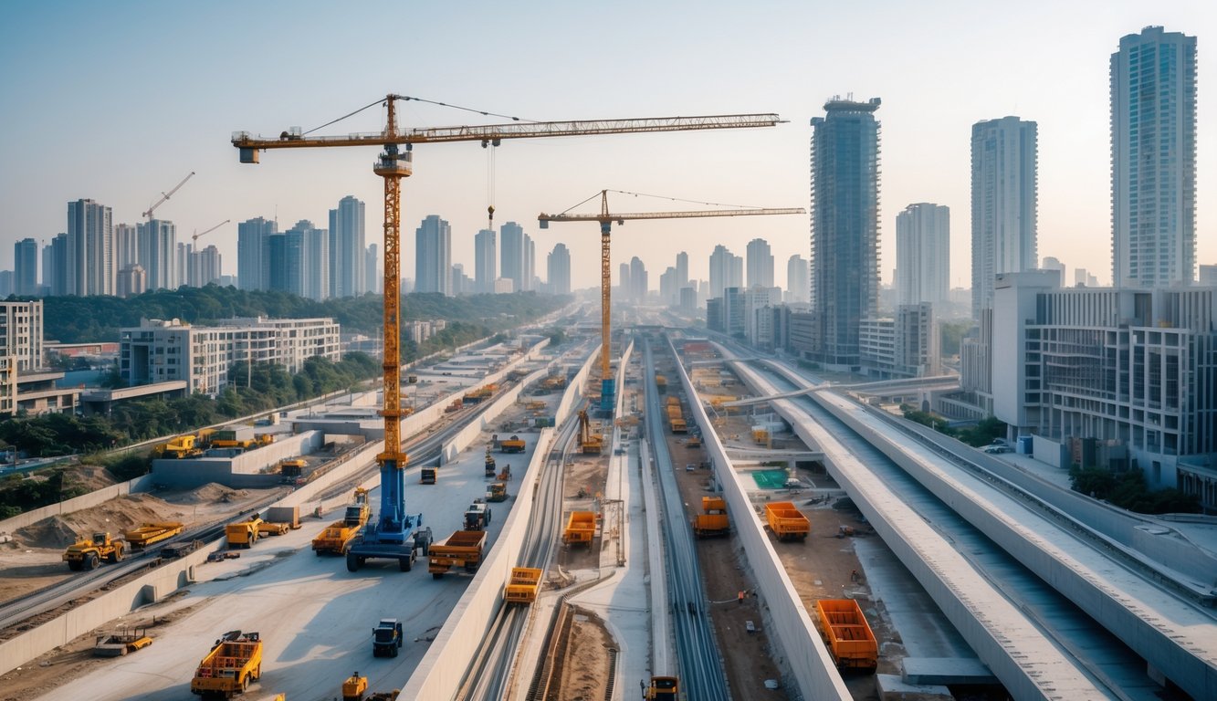 Pemandangan kota dengan pembangunan infrastruktur seperti konstruksi gedung, jembatan, dan jalan baru yang sedang berlangsung.