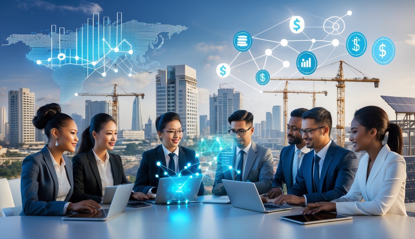 Sekelompok profesional bisnis beragam berdiskusi dengan perangkat digital di depan pemandangan kota berkembang dengan pembangunan infrastruktur dan simbol teknologi digital.