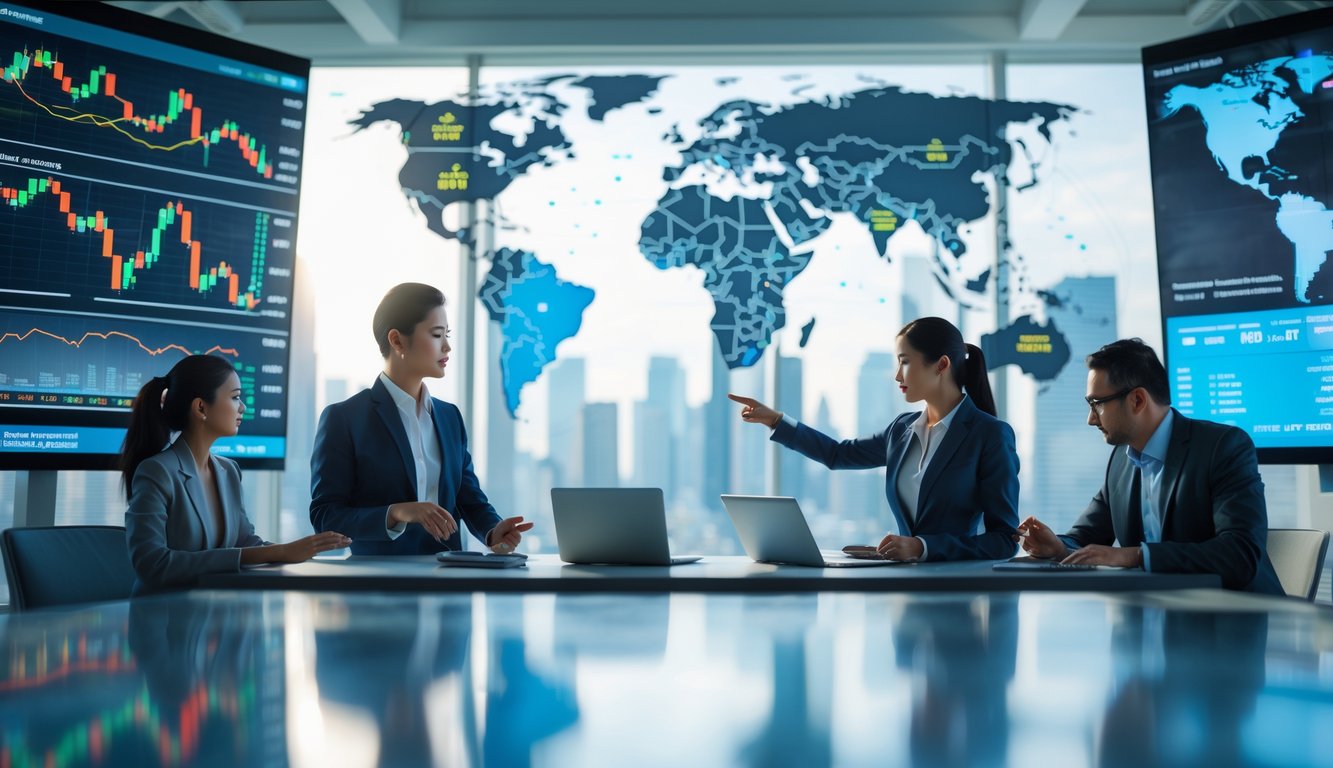 Sekelompok profesional bisnis sedang berdiskusi di kantor modern dengan layar digital yang menampilkan data keuangan global dan grafik investasi.