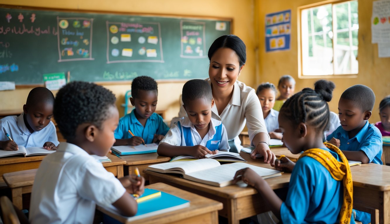 Seorang guru sedang membantu anak-anak belajar di dalam kelas sederhana di negara berkembang.