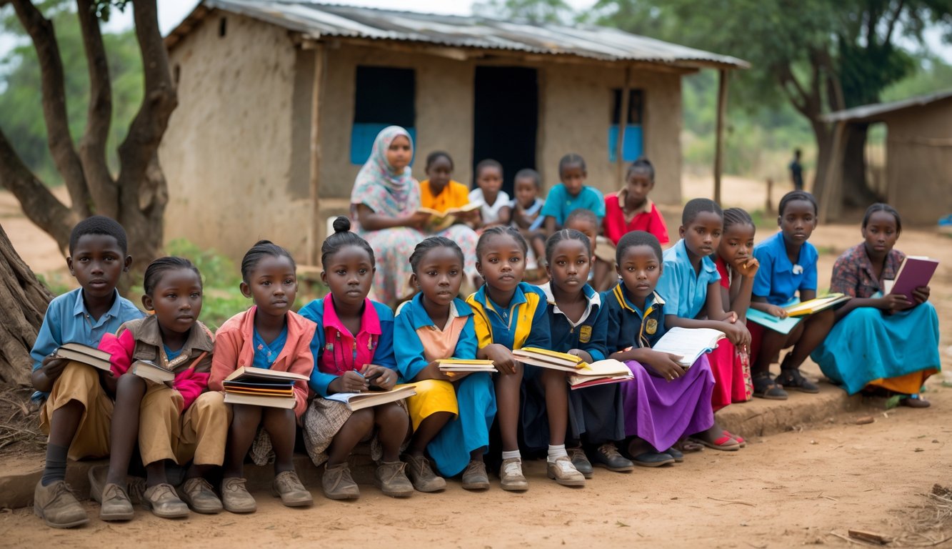 Sekelompok anak-anak dan siswa muda di lingkungan pedesaan sedang belajar di luar dengan seorang guru di bawah pohon, menunjukkan tantangan akses pendidikan di negara berkembang.