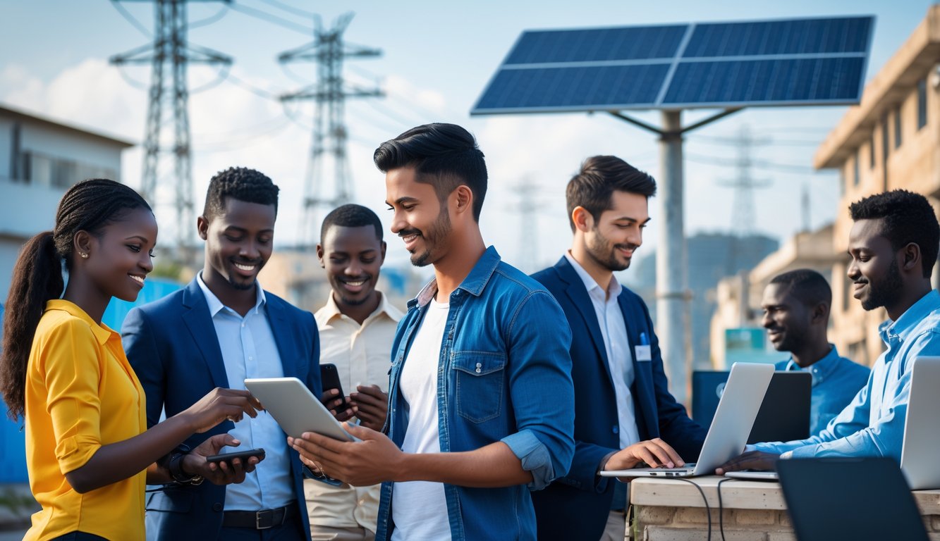 Sekelompok orang menggunakan perangkat teknologi di depan latar kota modern dengan panel surya dan menara komunikasi.