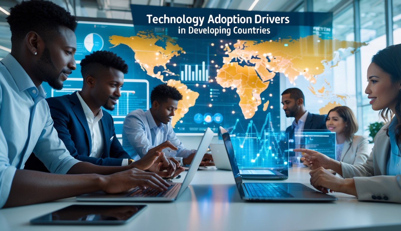 Sekelompok profesional beragam bekerja sama di kantor modern dengan perangkat digital dan peta dunia di latar belakang yang menyoroti wilayah berkembang.