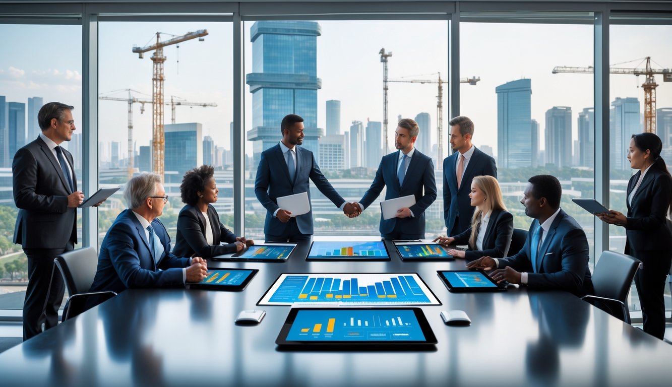 Sekelompok pejabat pemerintah dan pemimpin bisnis berdiskusi di ruang konferensi modern dengan pemandangan kota berkembang di latar belakang.