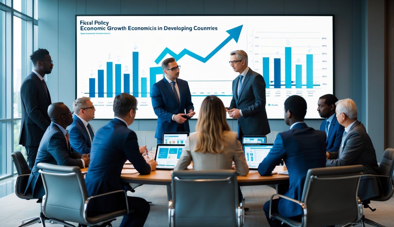 Sekelompok pejabat pemerintah dan ekonom sedang berdiskusi dalam ruang konferensi modern dengan layar besar yang menampilkan grafik ekonomi.