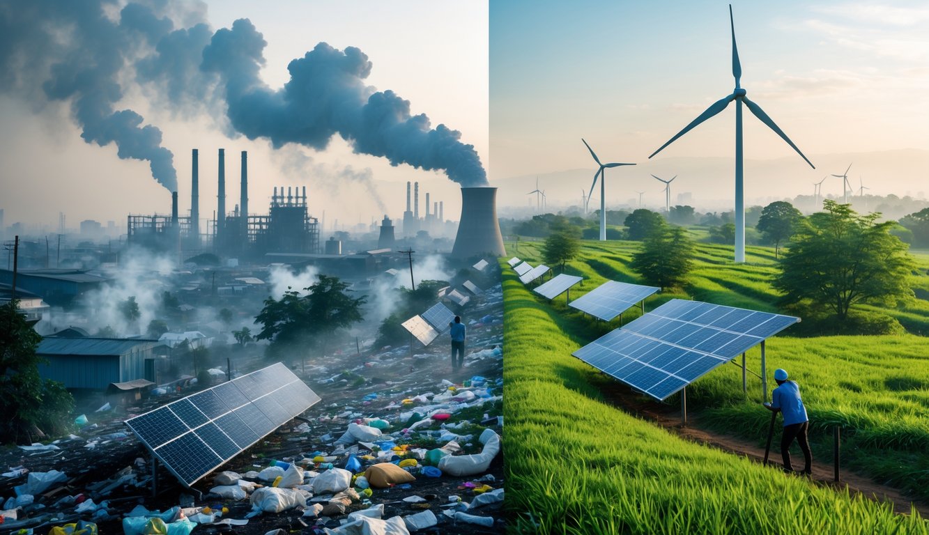 Pemandangan terbagi antara area perkotaan yang tercemar dan area hijau dengan panel surya, turbin angin, dan orang menanam pohon.