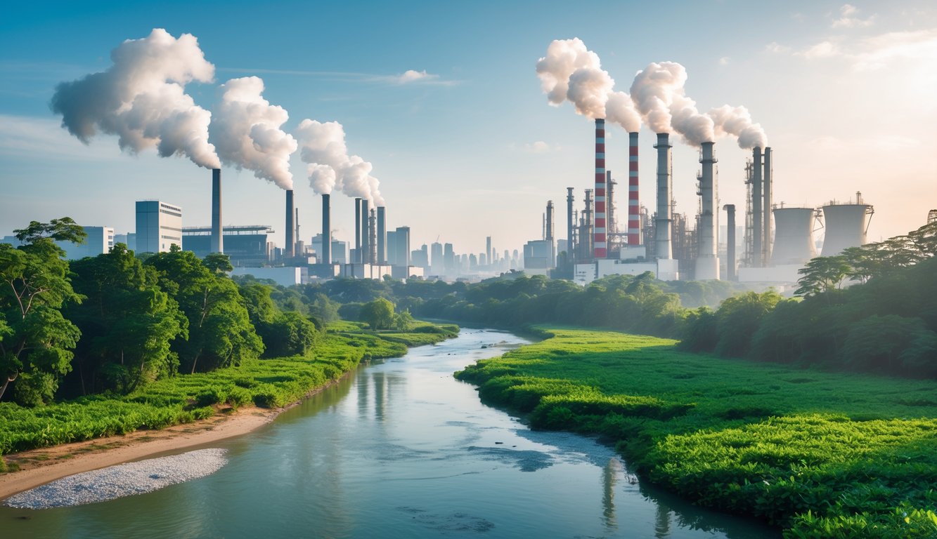 Pemandangan kota modern dengan gedung tinggi dan pabrik yang mengeluarkan asap, berdampingan dengan hutan hijau dan sungai yang bersih.