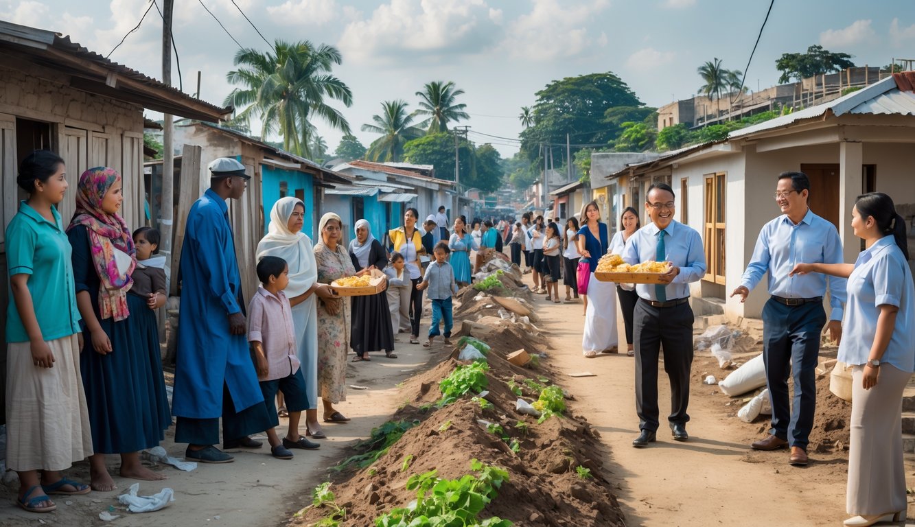 Sekelompok orang dari berbagai kelas sosial di lingkungan perkotaan yang menunjukkan ketimpangan sosial dan upaya bersama untuk memperbaiki kondisi dengan kegiatan pembangunan komunitas.
