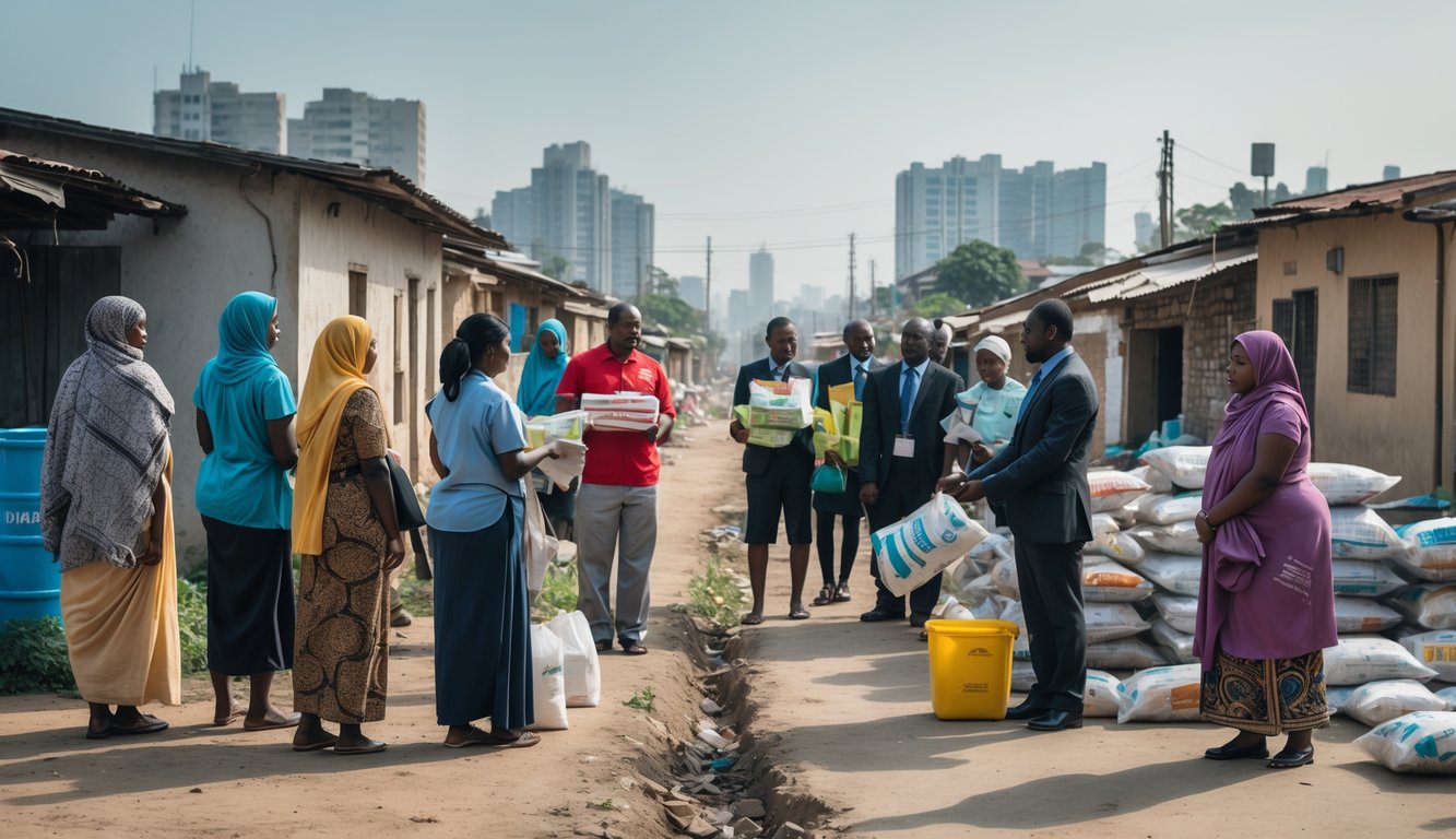 Sekelompok orang dari latar belakang sosial berbeda di lingkungan perkotaan, dengan pekerja komunitas membantu mereka yang kurang mampu.