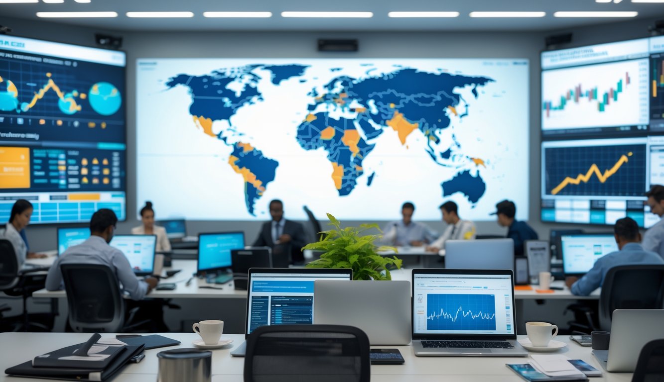 Sejumlah jurnalis bekerja di ruang berita modern dengan layar besar yang menampilkan grafik dan peta dunia terkait perkembangan ekonomi, sosial, dan politik.
