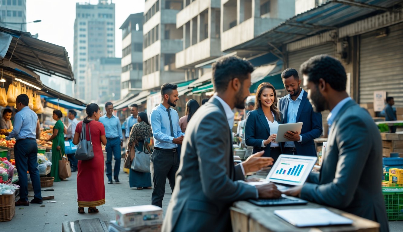 Orang-orang beraktivitas di pasar dan pertemuan bisnis di kota yang sedang berkembang.